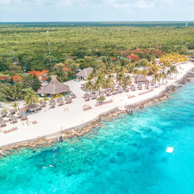 Aerial View of the Island of Cozumel Surrounded by Aqua Blue Water