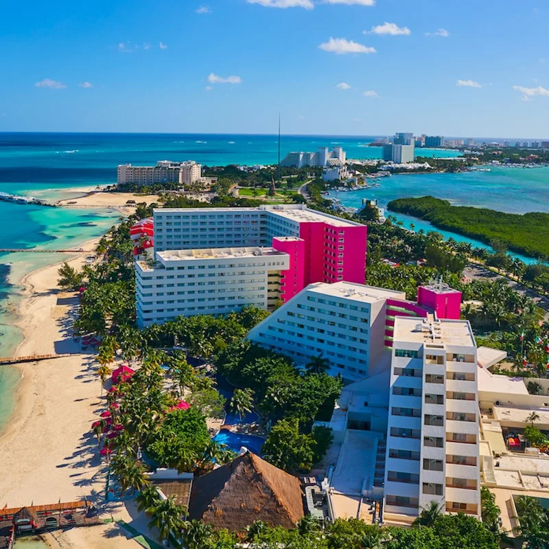 Cancun aerial view of Hotel Zone in Playa Linda at Mexico.