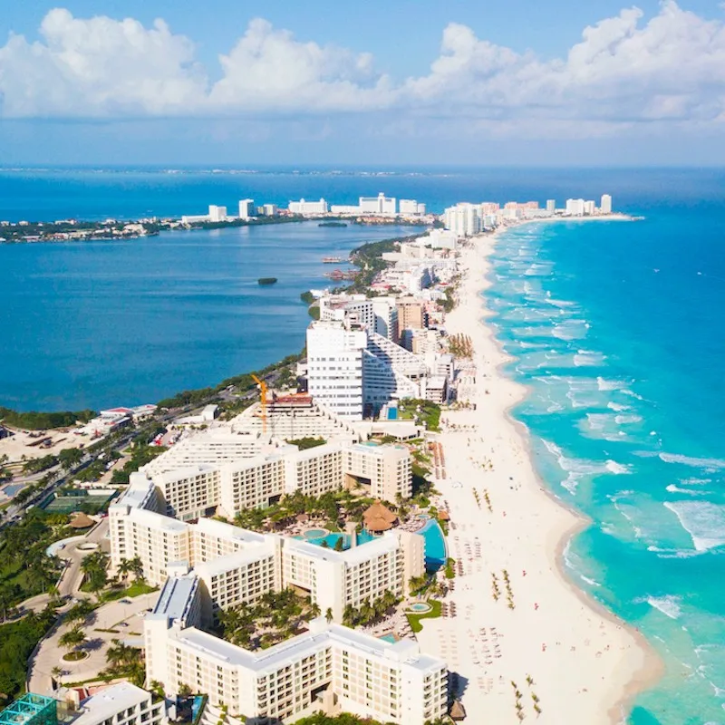 An aerial image of a beach in Cancun, Mexico.