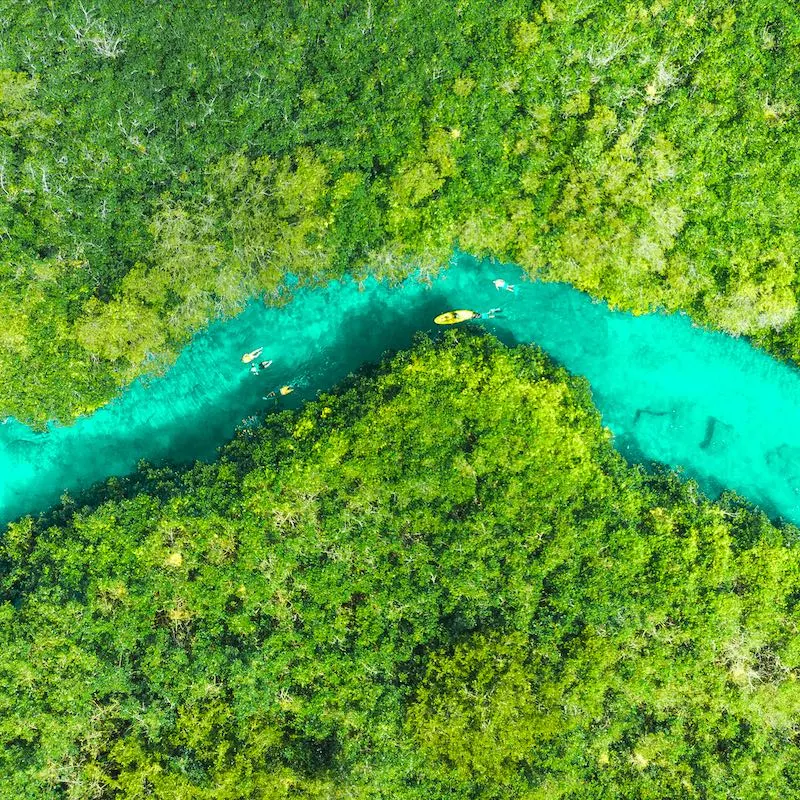 Aerial view of Casa Cenote in Tulum, Quintana Roo, Mexico.