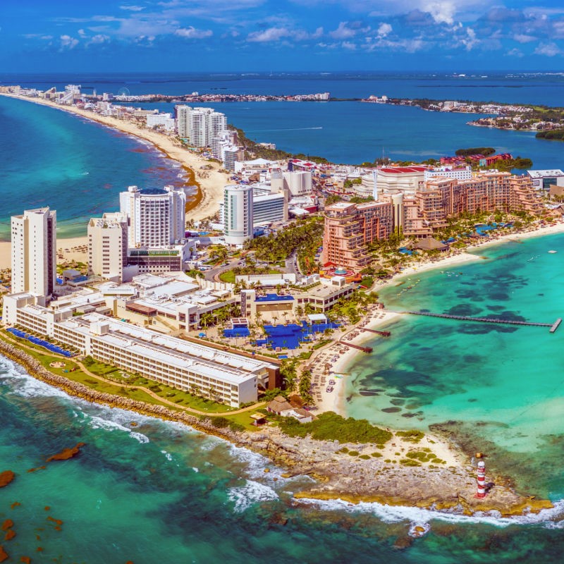 Aerial View of Cancun Hotels, Beaches, and the Caribbean Sea