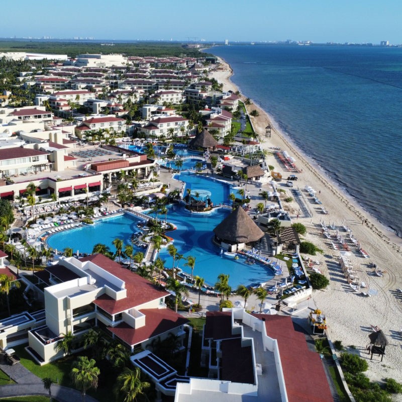 Aerial View of a Beach, the Caribbean Sea, and the Moon Palace Resort in Cancun
