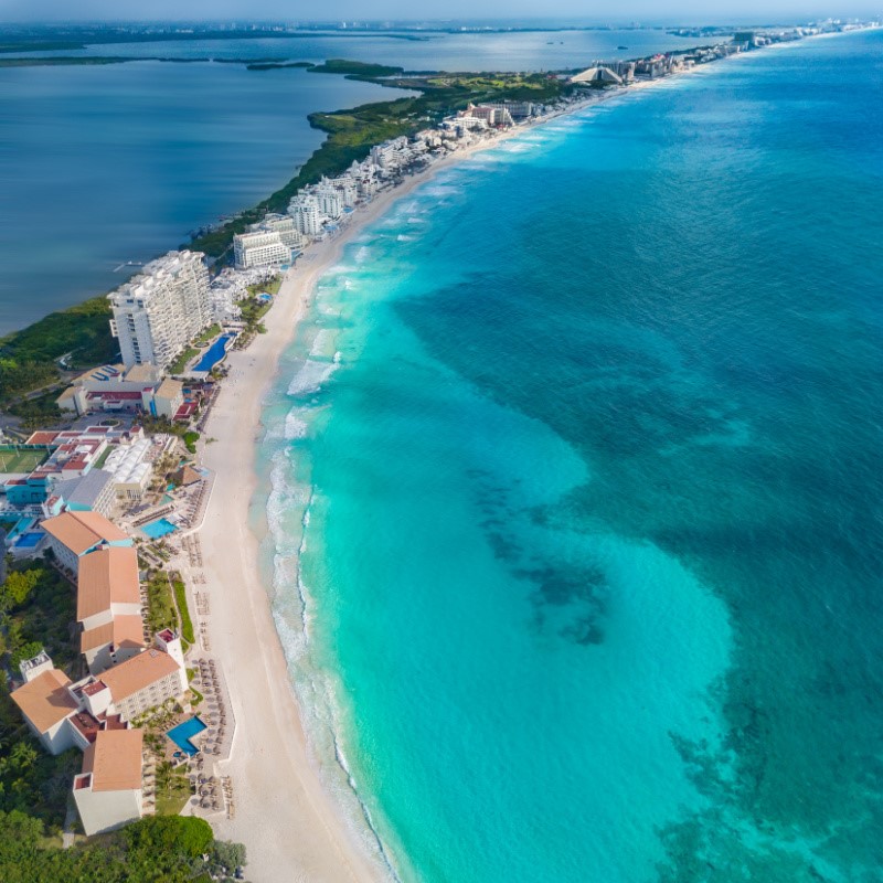 Aerial View of the Cancun Hotel Zone and the Caribbean Sea