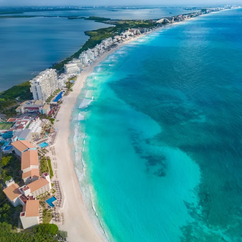 Aerial View of the Cancun Hotel Zone and the Caribbean Sea