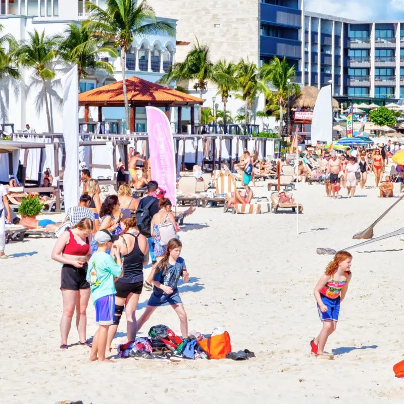 Families on a Beach in Front of a Resort in Playa del Carmen