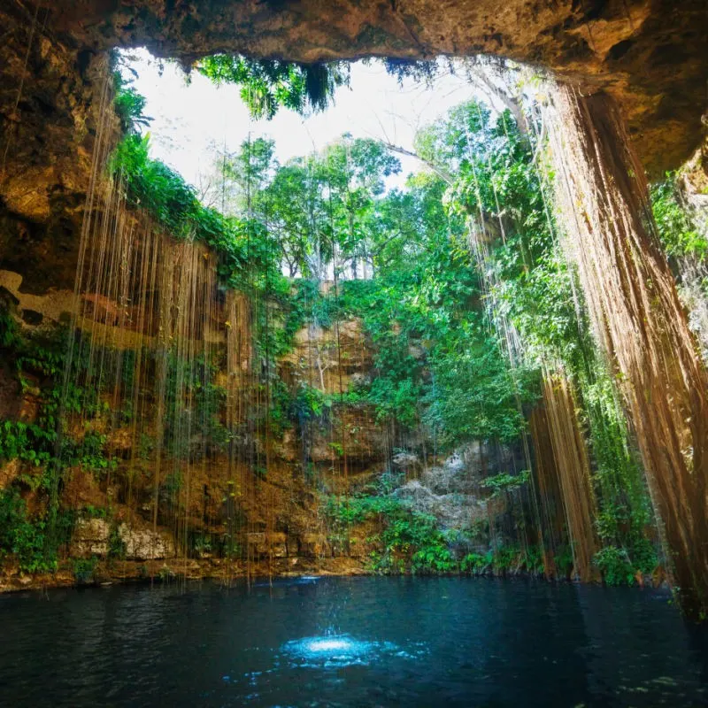 The Sun Shining Through to Ik Kil Cenote Near Cancun