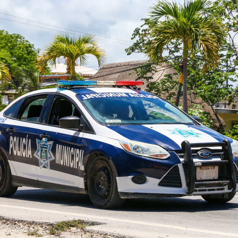 A small police vehicle in Mexico with palm trees.