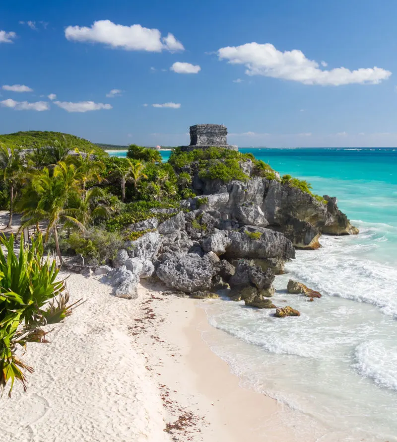 Tulum's popular archeological site with nearby water and beach 