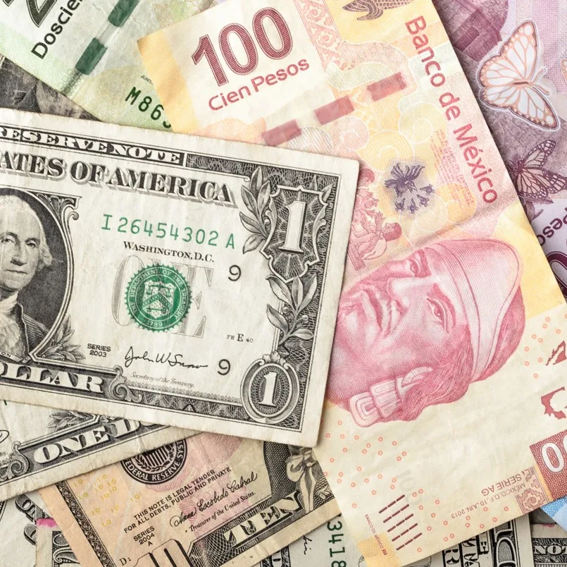 US dollars and Mexican pesos in bank notes