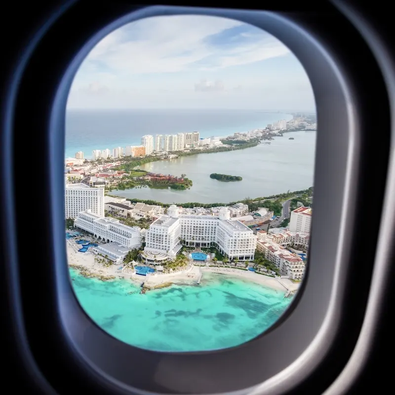 cancun hotel zone from airplane window