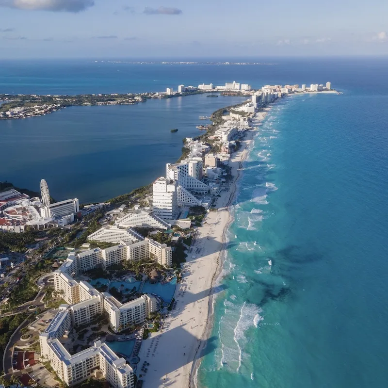 shot of cancun hotel zone stretching into the distance
