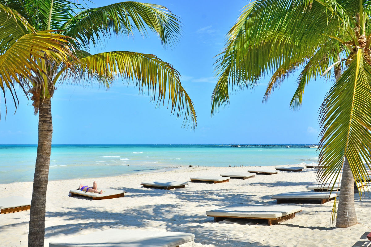 Tropical palm trees and beach chairs in Isla Mujeres