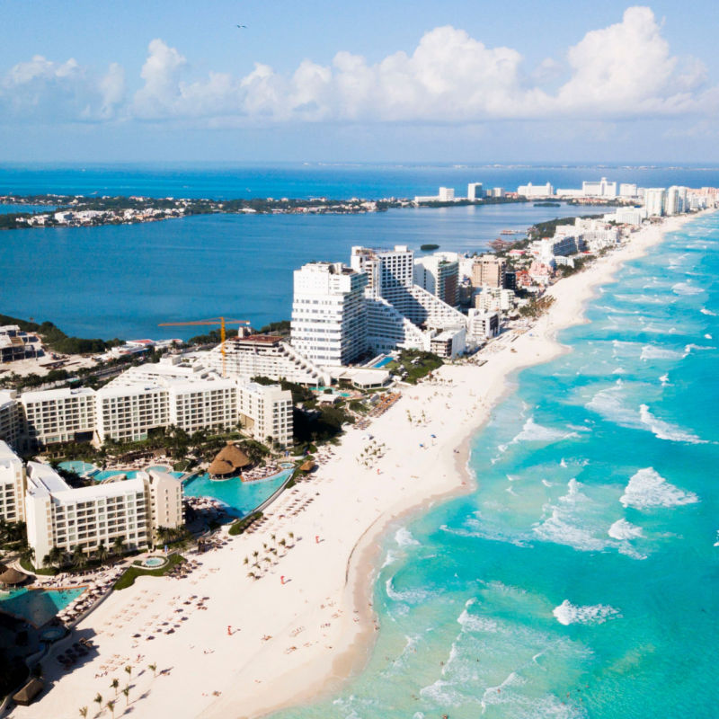 Panoramic view of Cancun's hotel zone with blue water
