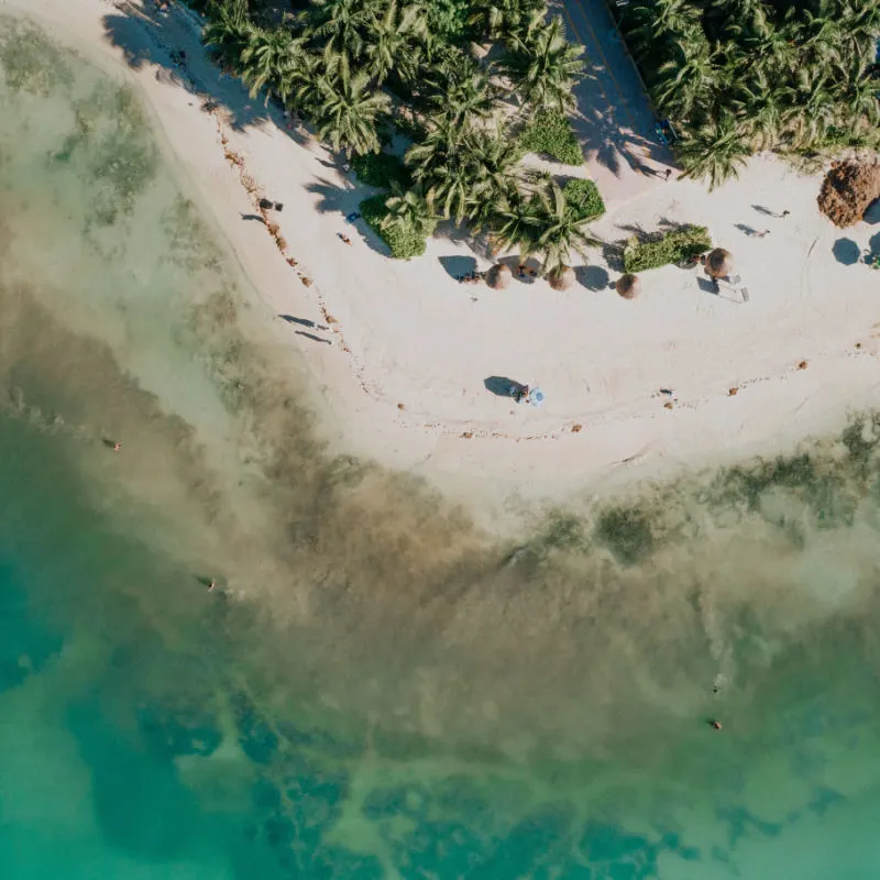 Aerial view of a popular Playa del Carmen white-sand beach