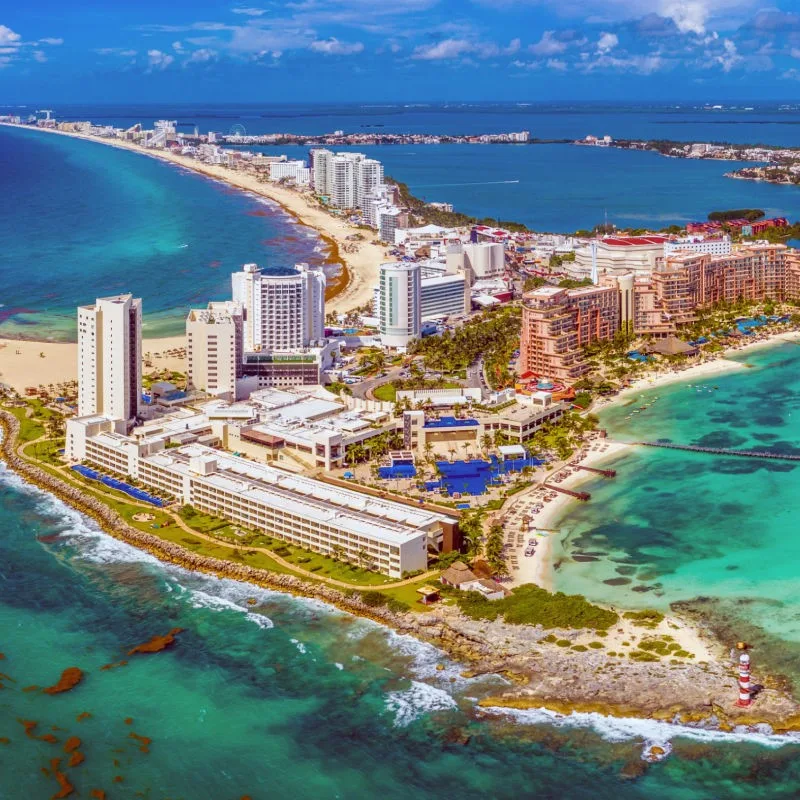 Aerial View of the Cancun Hotel Zone and the Caribbean Sea