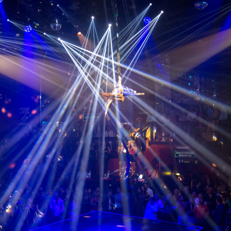 Crowd, Lights, and Acrobats at Coco Bongo Cancun