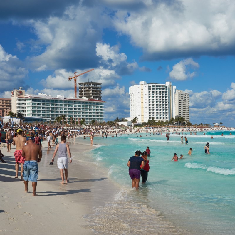 Tourists on a Beach in the Cancun Hotel Zone