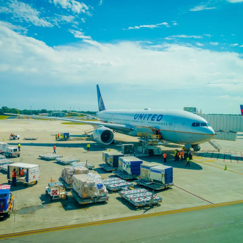 United Airlines parked at Cancun International Airport