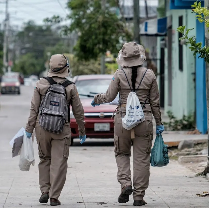 Workers walking down the street checking for dengue mosquitoes