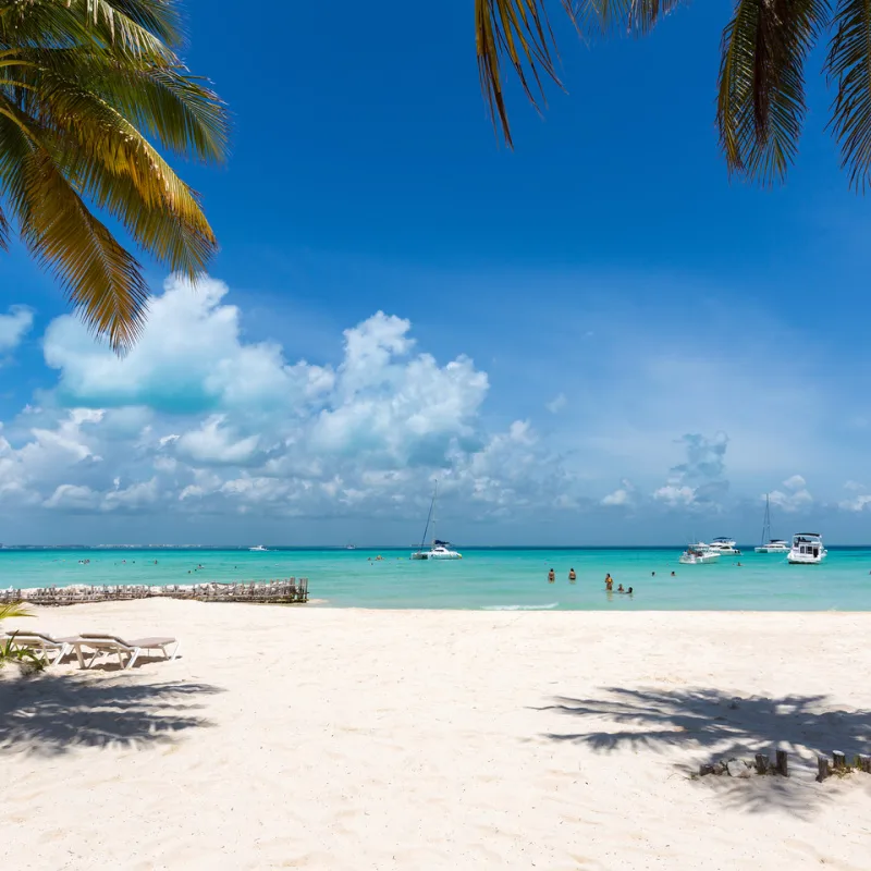 Isla Mujeres Beach, sunny skies, sand and palm trees in the foreground. 