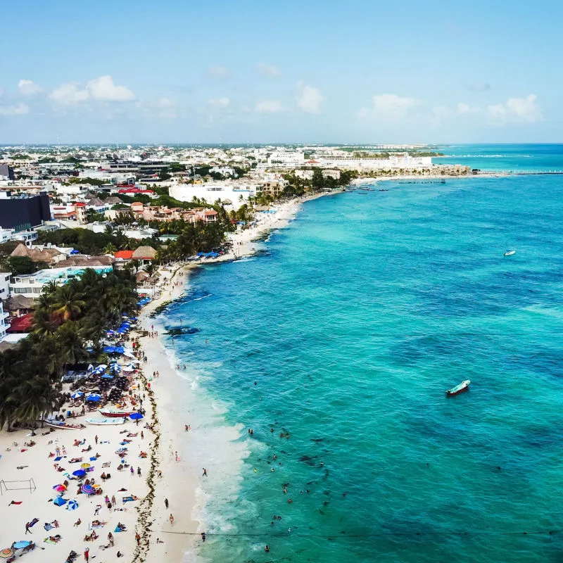 Aerial view of Playa del Carmen with busy beach 