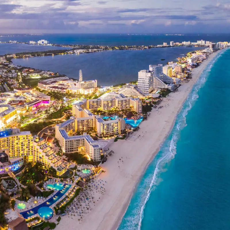 Cancun resort zone with beach during sunset 