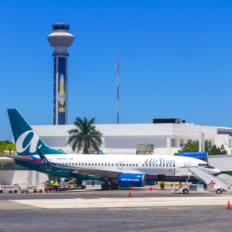 Airplane ready to take off at Cancun International Airport