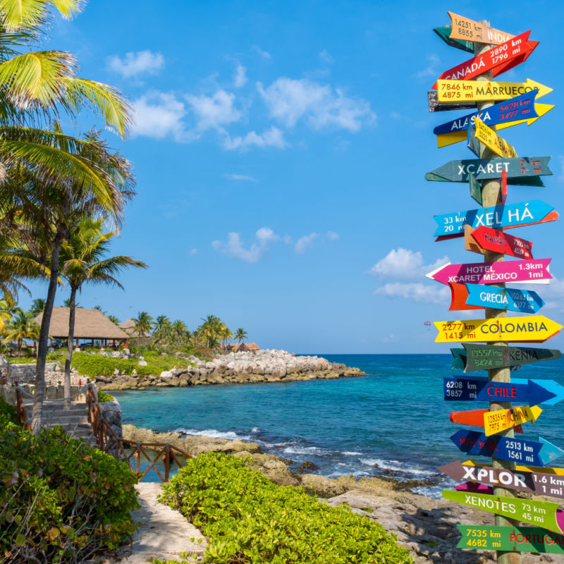 Destination Signs in Xcaret park, Mexican Caribbean 
