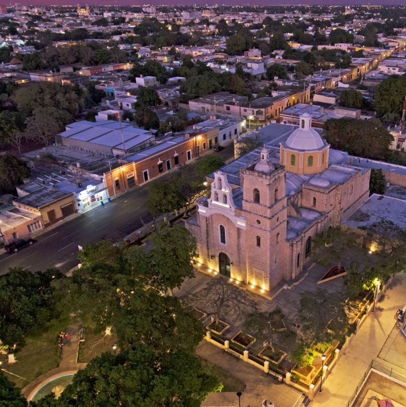 A church in Merida at night from the air