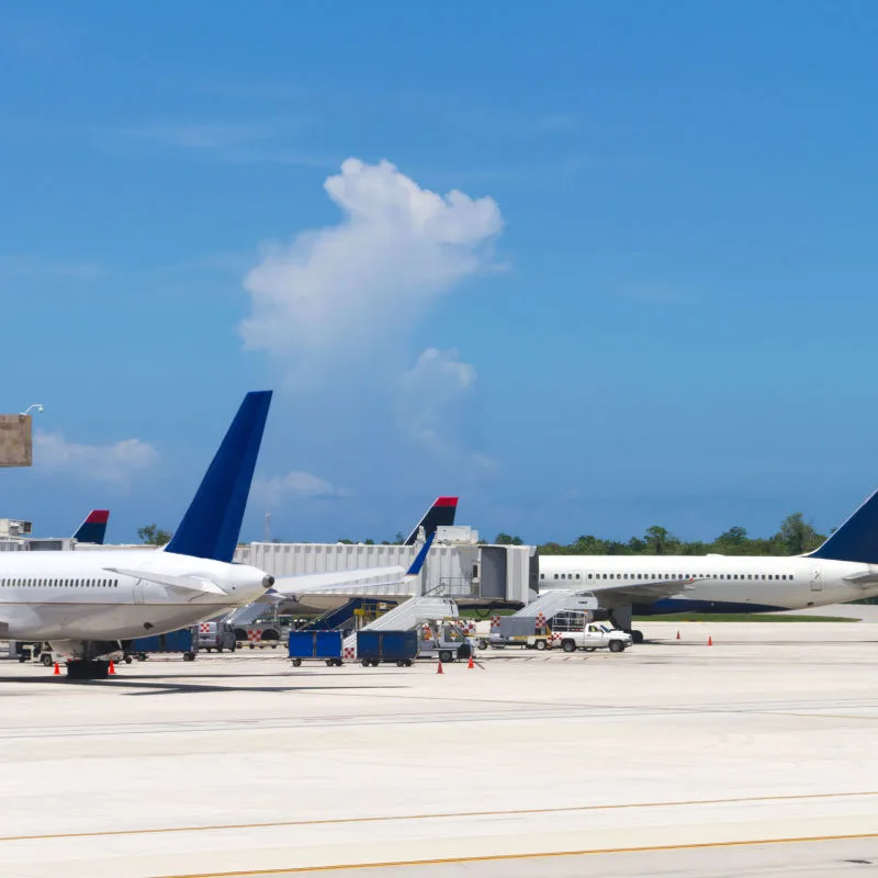 Planes parked outside of Cancun International Airport