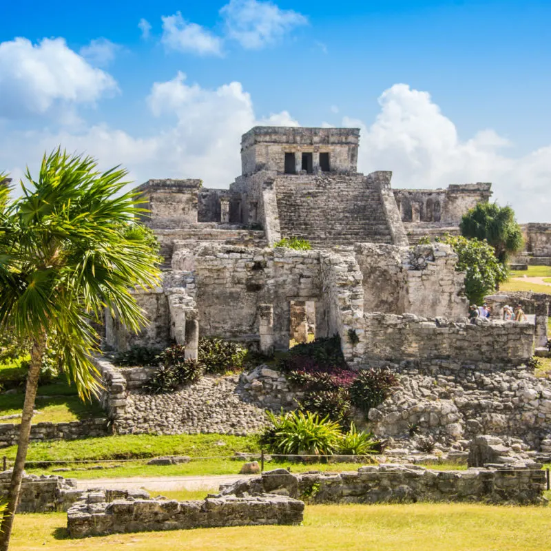 A Maya ruin in Tulum with clear skies