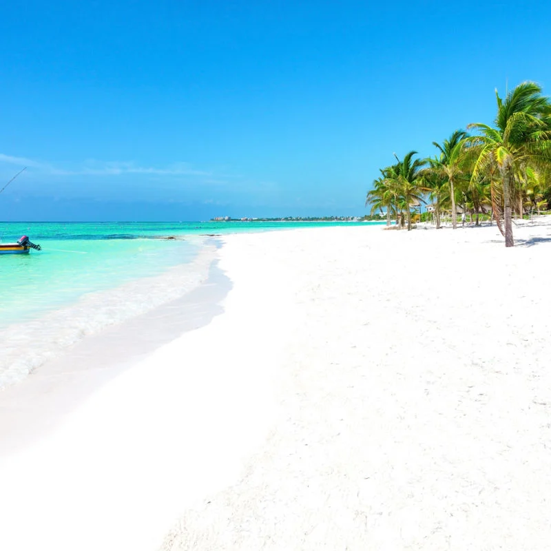 Perfect white-sand beach in the Mexican Caribbean with blue water