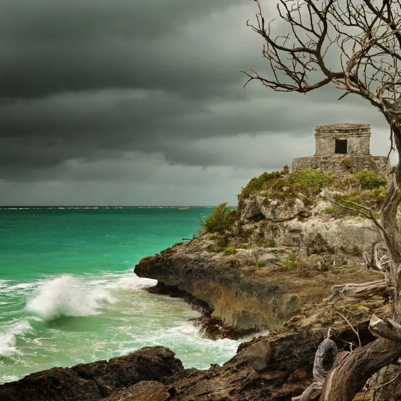 View of the Watchtower in Tulum during bad weather