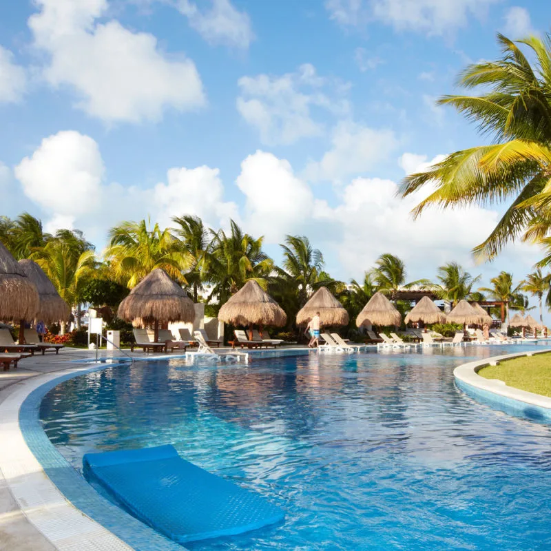 Beautiful pool with palm trees and weather 