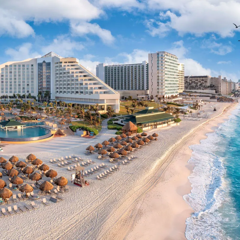 Aerial view of Cancun resorts with white sand beach