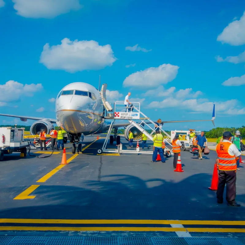 Travelers landing off the Plane at the Cozumel International Airport