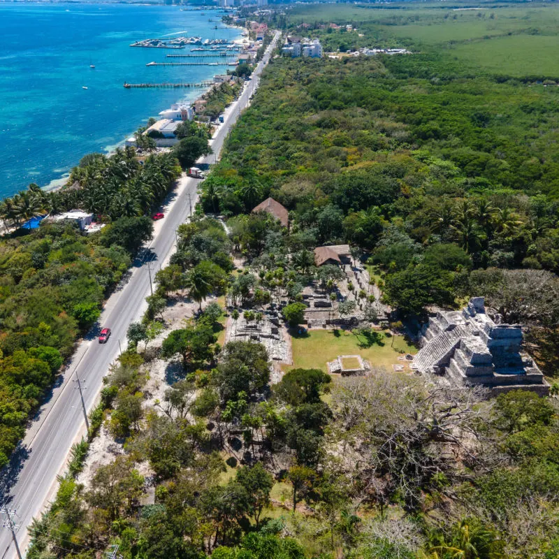 Drone view of El Meco Archeological Site in Cancun, Mexico