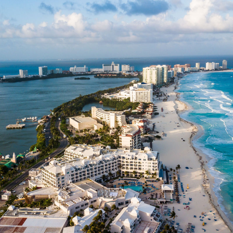 Aerial view of Cancun's hotel zone with large resorts 