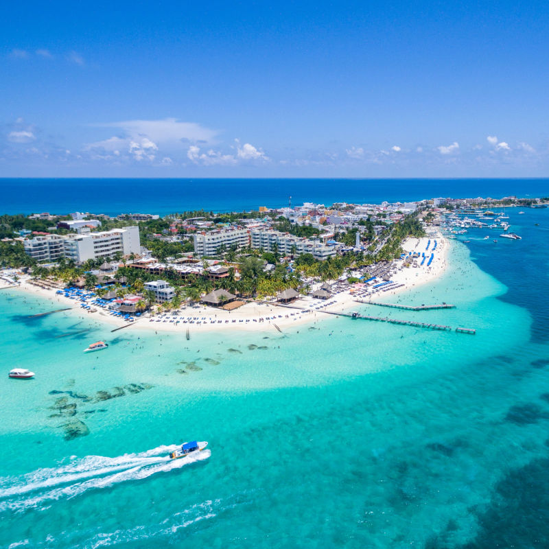 Amazing drone view of Isla Mujeres blue waters 