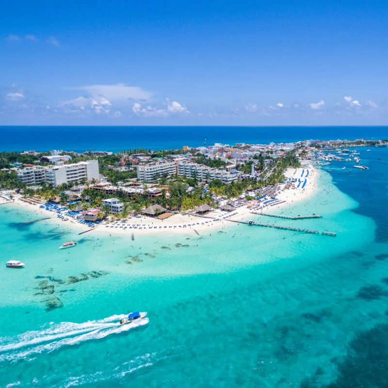 Amazing drone view of Isla Mujeres blue waters