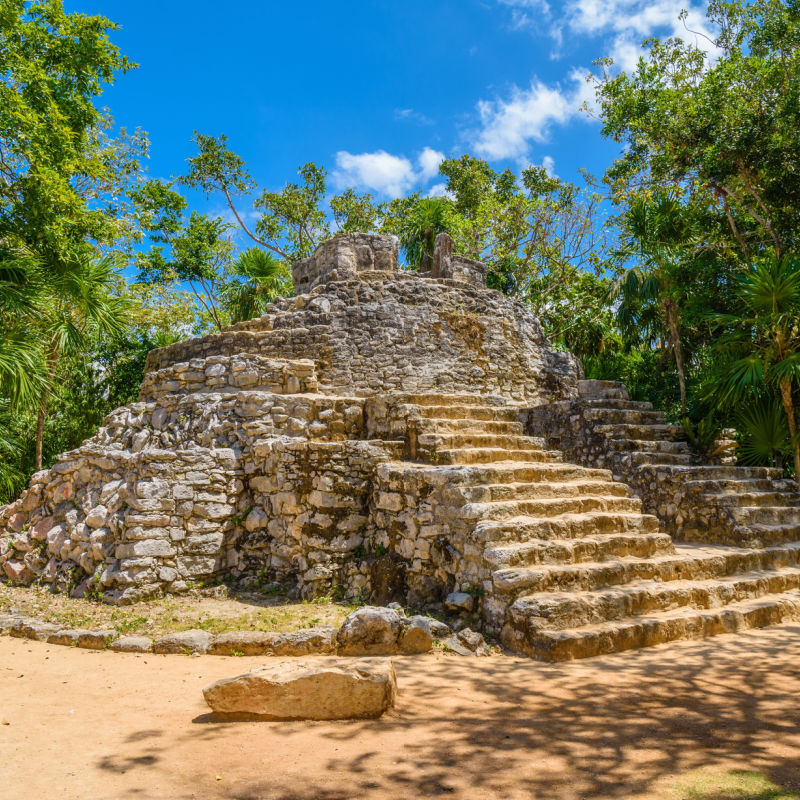 Mayan ruins in the Mexican Caribbean amid jungle 