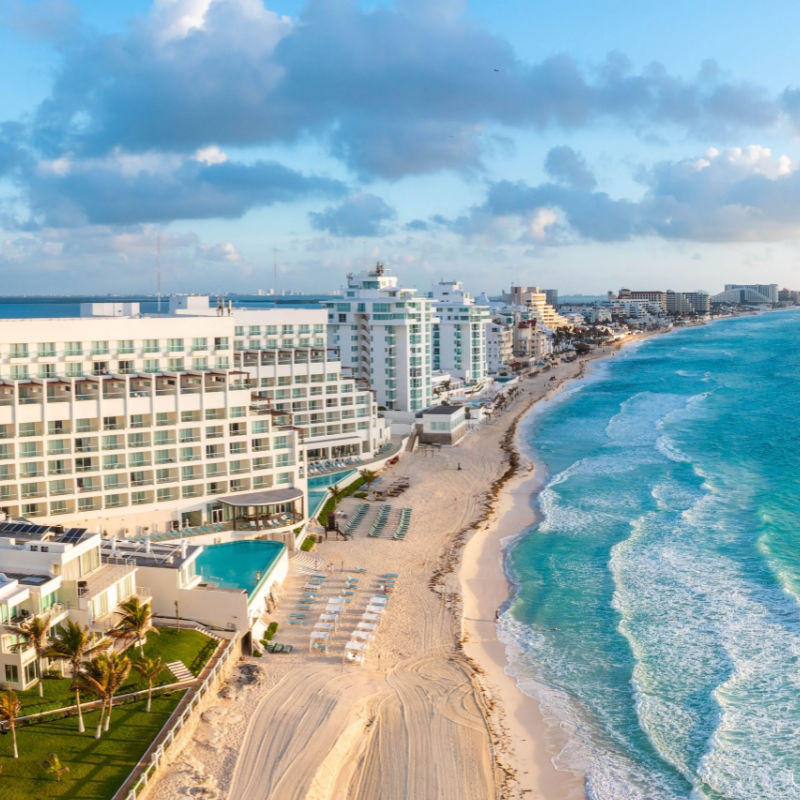 Stunning sunrise view of Mexican Caribbean beaches and resorts