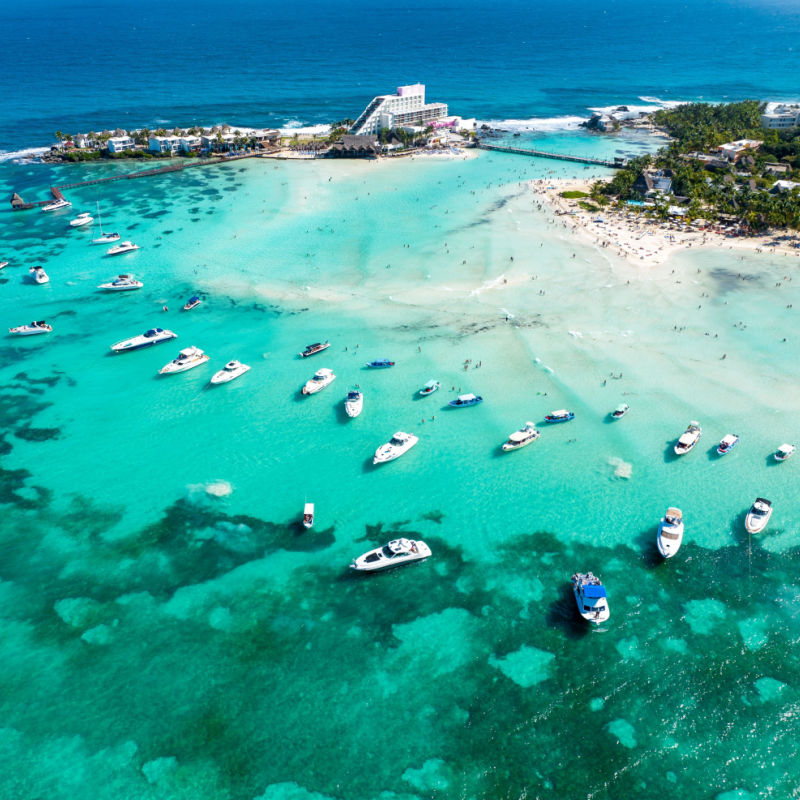 Drone view of the North Beach, Isla Mujeres in Cancun