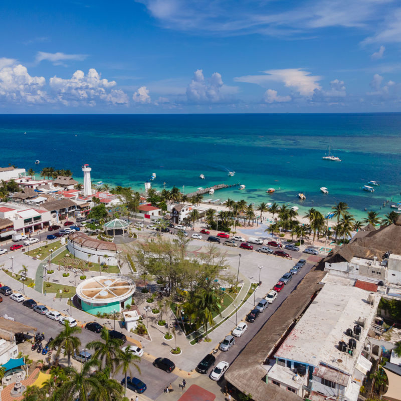 Drone view of the beautiful Village and the beach in Puerto Morelos 
