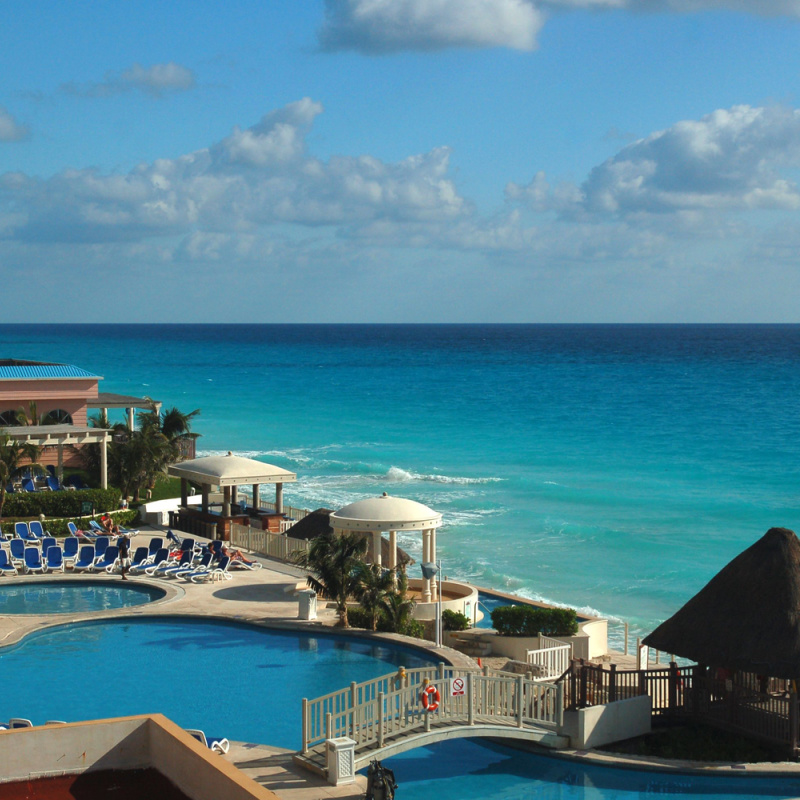 A resort in Cancun with pools and beach 