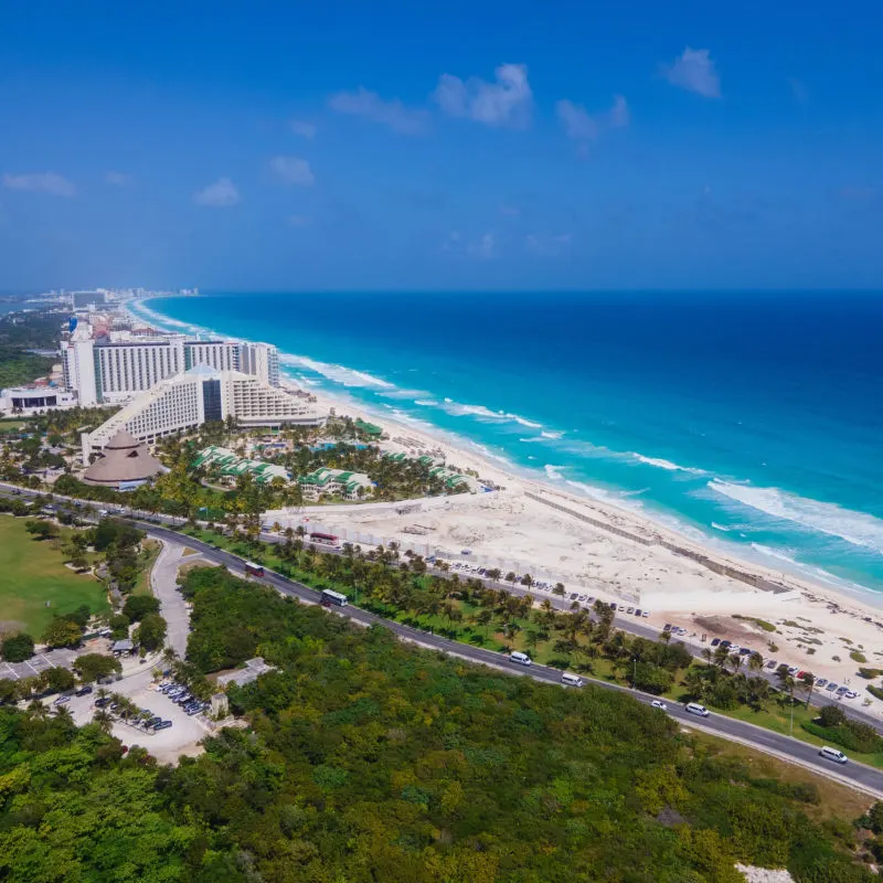 Aerial view of resorts in Cancun and beach 