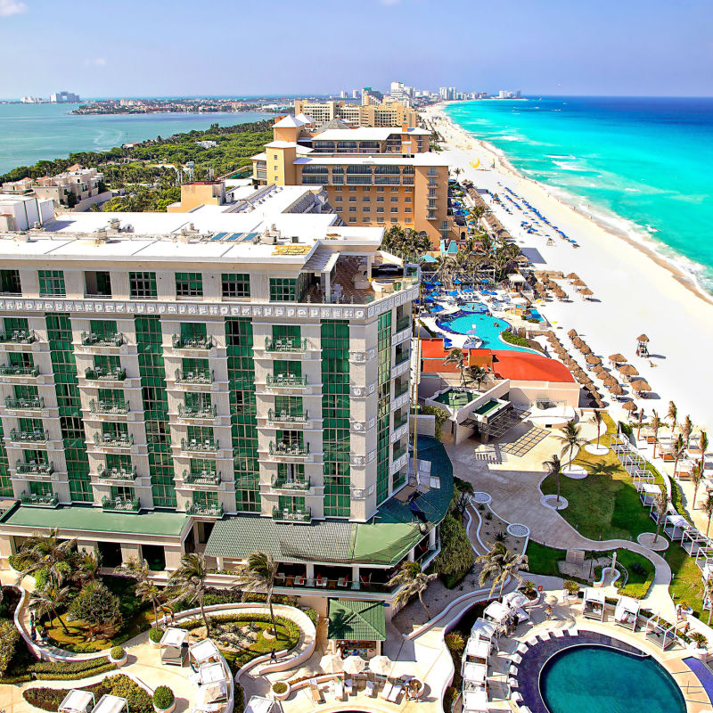 Aerial shot of massive resorts in Cancun 