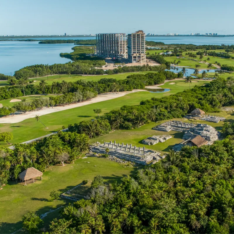 Drone View of the El Rey Archeological Zone in Cancun