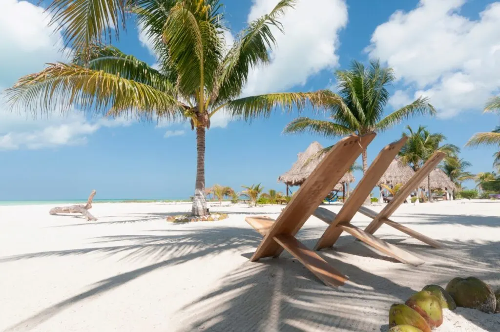 Rustic chairs on the white sand beach in the tropics with palm trees against the blue sky. Holbox Island, Mexico.