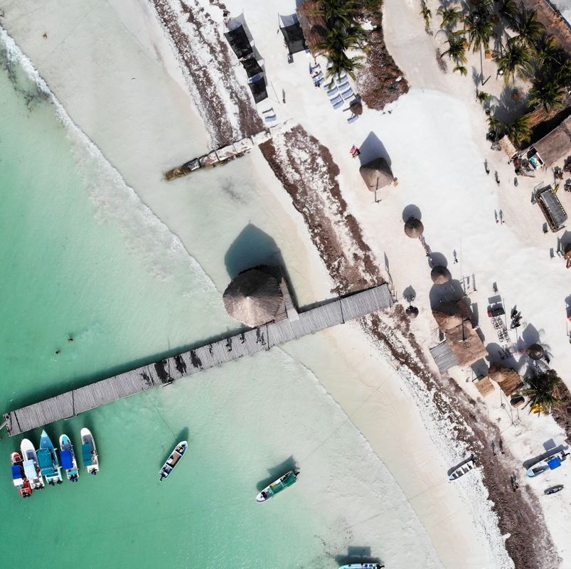 Small boat dock Holbox island from the air